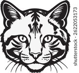 Vector illustration of a wild cat face, a tribal tattoo design of a tiger head, a black vector drawing of a mammal beast