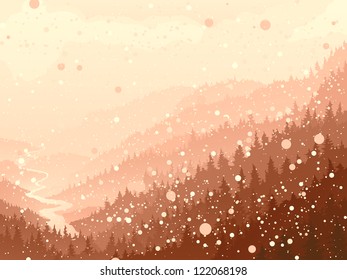 Vector illustration of wild coniferous forest with river in the morning snow.