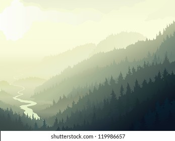 Vector illustration of wild coniferous wood with river in a morning fog.