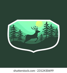 vector illustration of wild deer in nature,landscape badge concept,retro style