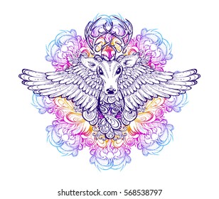 
Vector illustration of a wild deer with wings on a background of ethnic mandala. Tattoo totem animal. Decorative print on a T-shirt, cover, poster or card.