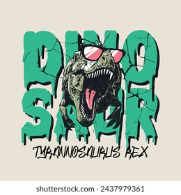 Vektor-Illustration von wilden Dinosaurier-Cartoon-Charakter und Slogan-Schriften. Grafik-Artwork für das T-Shirt eines Jungen.