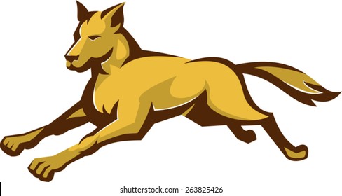 vector illustration of a wild dog wolf jumping viewed from front side done in retro style on isolated white background.