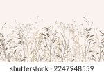 Vector illustration with wild and dry grass. Horizontal seamless pattern. Autumn field. Ornament for wallpaper, card, border, banner or your other design. Natural beige tones. Engraving. 