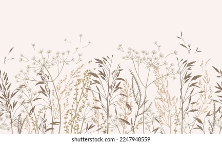 Vector illustration with wild and dry grass. Horizontal seamless pattern. Autumn field. Ornament for wallpaper, card, border, banner or your other design. Natural beige tones. Engraving. 