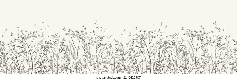 Ilustración vectorial con hierba silvestre y seca. Patrón panorámico horizontal sin soldadura. Campo otoñal. Ornamento para papel de pared, tarjeta, borde, banner o tu otro diseño. Blanco y negro. Grabando. 