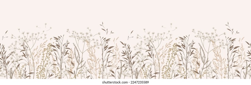 Vector illustration with wild and dry herbs. Panoramic horizontal seamless pattern. Autumn meadow. Ornament for wallpaper, card, border, banner or your other design. Natural beige tones. Engraving. 