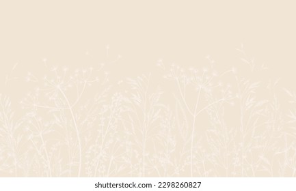 Vector illustration with wild and dry herbs. Pastel tones. Panoramic horizontal seamless pattern. Meadow herbs for wallpaper, card, border, banner or your other design. Engraving.