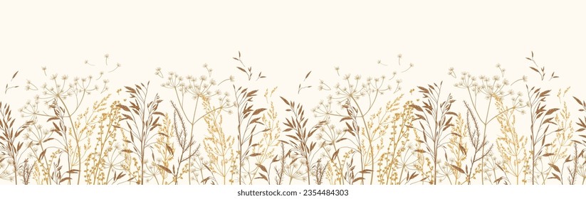 Vector illustration with wild and dry herbs. Panoramic horizontal seamless pattern. Autumn meadow. Ornament for wallpaper, card, border, banner or your other design. Natural beige tones. Engraving. 