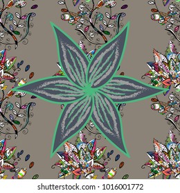 Vector illustration. Wild flowers with leaves on gray, blue and black colors. Seamless background pattern. Watercolor, hand drawn.