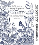 Vector illustration of wild flowers and plants surrounded by butterflies. Chamomile, clover, fern, chicory, poppy, valerian, strawberry, St. John
