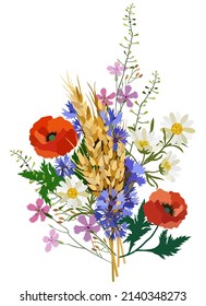 Vector illustration of wild flowers and wheat spikelets isolated on white background. Poppies, cornflowers, camomiles, field carnations and green herbs.