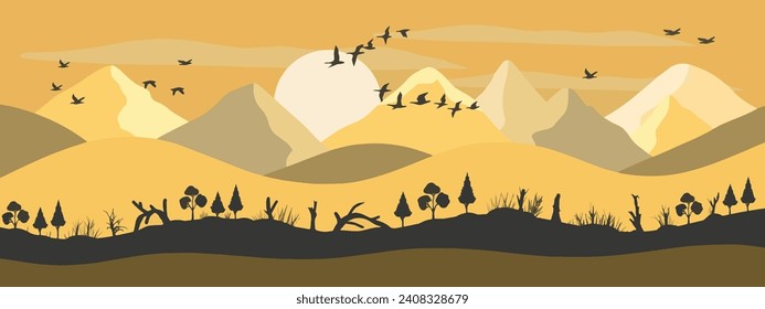 Vector illustration of wild food, mountains, sun, birds, trees. Banner, poster, flyer, cover template. Vector file, design elements.