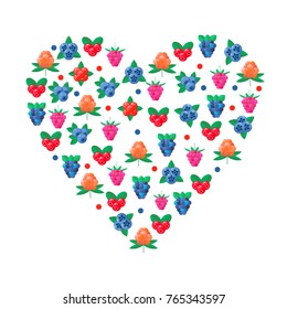 vector illustration. wild forest berries. cranberry, raspberry, blueberry, BlackBerry, stone bramble, cloudberries. heart