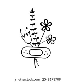 Vector illustration of wild herbs and flowers with adhesive plaster, black and white illustration on a white background.