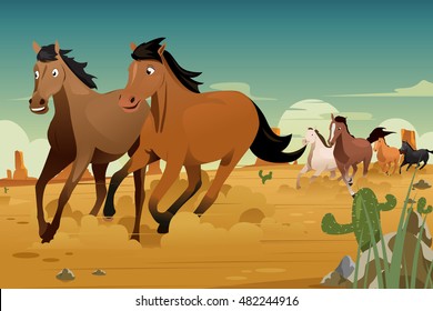 A vector illustration of Wild Horses Running on the Desert