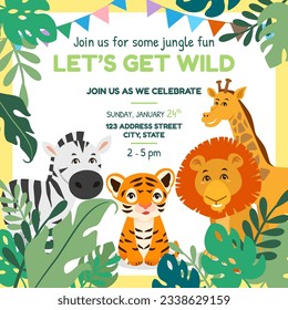 Ilustración vectorial de la tarjeta de invitación de fiesta temática de animales de la selva salvaje 