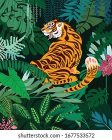vector illustration, wild life painting tiger jungle sketch colorful classic.