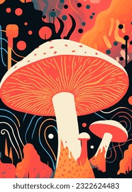 Vector illustration with wild mushrooms. Psychedelic style background