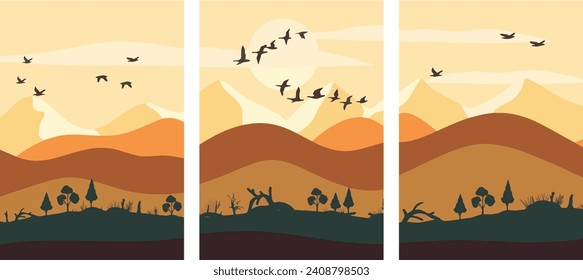 Ilustración vectorial de la naturaleza salvaje del árbol solar de montaña. Banner horizontal, conjunto de banners. Plantilla para afiches, banners, dibujos para impresión. Elementos de diseño de archivos vectores.