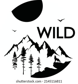 Ilustración vectorial naturaleza salvaje. Pegatina e imprenta para la ropa. Dibujo en blanco y negro. Elementos vectores.