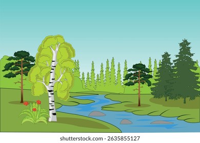 Vector illustration wild nature and streams year daytime