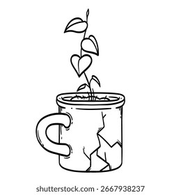 Vector illustration of a wild plant sprouting in an old mug in the style of a sketch by hand