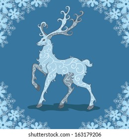 Vector illustration of wild reindeer with snow flakes corners 