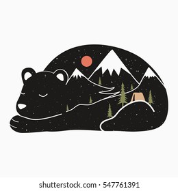 Vector illustration wild sleeping bear, mountains with snow, sun, camping tent, pine forest. Print design, home decor elements, greeting or postal card with animal
