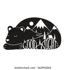 Vector illustration wild sleeping bear, mountains with snow, moon, camping tent and pine trees. Typography poster with lettering text - good night. Print design, home decor element