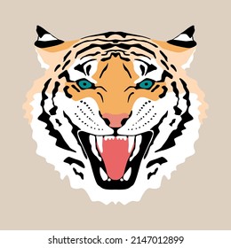 Vector illustration of wild tiger head with fangs, tiger symbol of 2022.