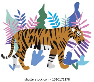 Vector illustration of a wild tiger on the tropical background