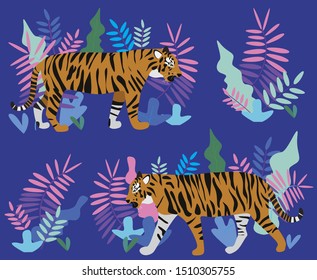 Vector illustration of a wild tiger on the tropical background