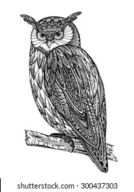 Vector illustration of wild totem animal - Owl in black and white ornamental graphic style.