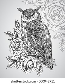 Vector illustration of wild totem animal - Owl in ornamental graphic style with roses and leaves