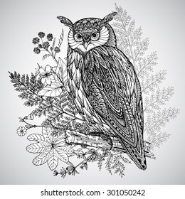 Vector illustration of wild totem animal - Owl in ornamental graphic style with watercolor background