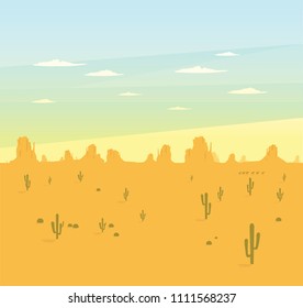 Vector illustration of wild valley desert landscape with dry grass and orange color mountains of canyon. Flat cartoon style for game art and animation game.
