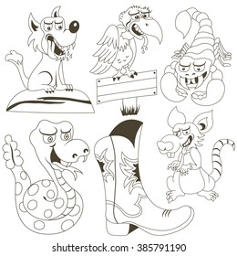 Vector illustration of wild west animals, outlined images for coloring book.