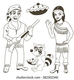 Vector illustration of wild west characters: a hunter, an Indian girl and a raccoon. Outlined image.