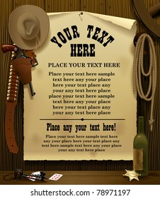 Vector illustration with a Wild West Relay Poster in the environment of cowboy accessories on the wood wall background