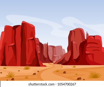 Vector illustration of Wild west Texas desert landscape with dry grass and red color mountains of canyon. Flat cartoon style for game art and animation game.