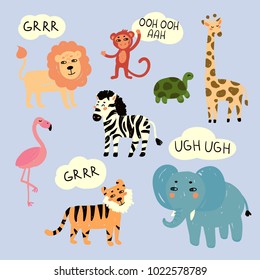 Vector illustration of wild zoo exotic animals that are making sounds . Zebra, lion, tiger, elephant, monkey, flamingo tortoise abd giraffe. Fauna creatures in comic flat style. Vector illustration