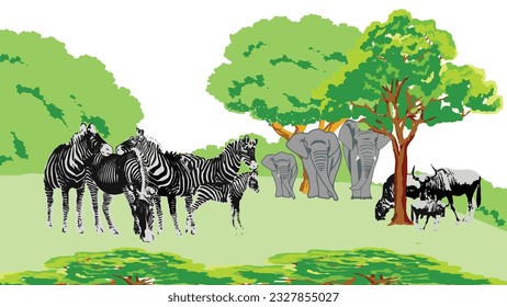 Vector illustration of wildebeests, zebras, elephants, eating grass in the forest.