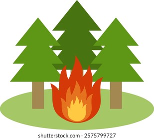 vector illustration of a wildfire burning through a coniferous forest