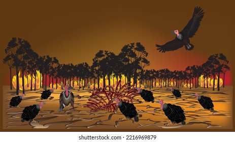 vector illustration with wildfire and sultry terrain from climate change, starving vultures feed on carrion the impact effect, bushfire, environmental cataclysm. tree and shrubs silhouettes in fire.