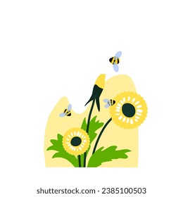 Vector illustration of a wildflowers and attracted insects on abstract background. Dandelion with bees or bumblebees. Biotic diversity conservation concept. Protecting wildlife habitats