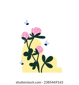 Vector illustration of a wildflowers and attracted insects on abstract background. Red clover and flies. Biotic diversity conservation concept. Protecting wildlife habitats
