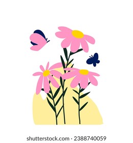 Vector illustration of a wildflowers and attracted insects on abstract background. Coneflowers with butterflies. Biotic diversity conservation concept. Protecting wildlife habitats