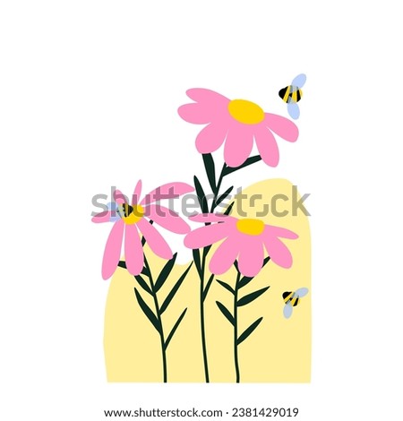 Vector illustration of a wildflowers and attracted insects on abstract background. Coneflowers with bees. Biotic diversity conservation concept. Protecting wildlife habitats