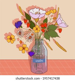 Vector illustration. Wildflowers in a bottle. Chamomile, cornflowers, strawberries, plants.